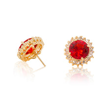 Load image into Gallery viewer, Delicate 18ct yellow gold plated plated studs with a red centre surrounded by a halo of cubic zirconia stones. For pierced ears. Side view (Butterfly and pole closure)

