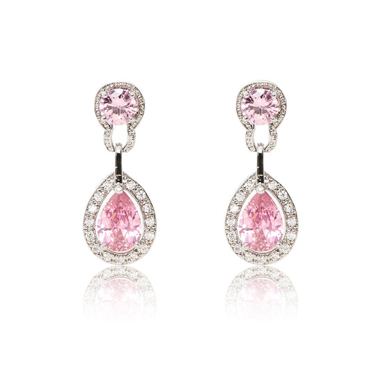 Dazzling rhodium plated earrings with centre stones of pink cubic zirconia framed by clear cubic zirconia stones.