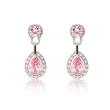 Load image into Gallery viewer, Dazzling rhodium plated earrings with centre stones of pink cubic zirconia framed by clear cubic zirconia stones.
