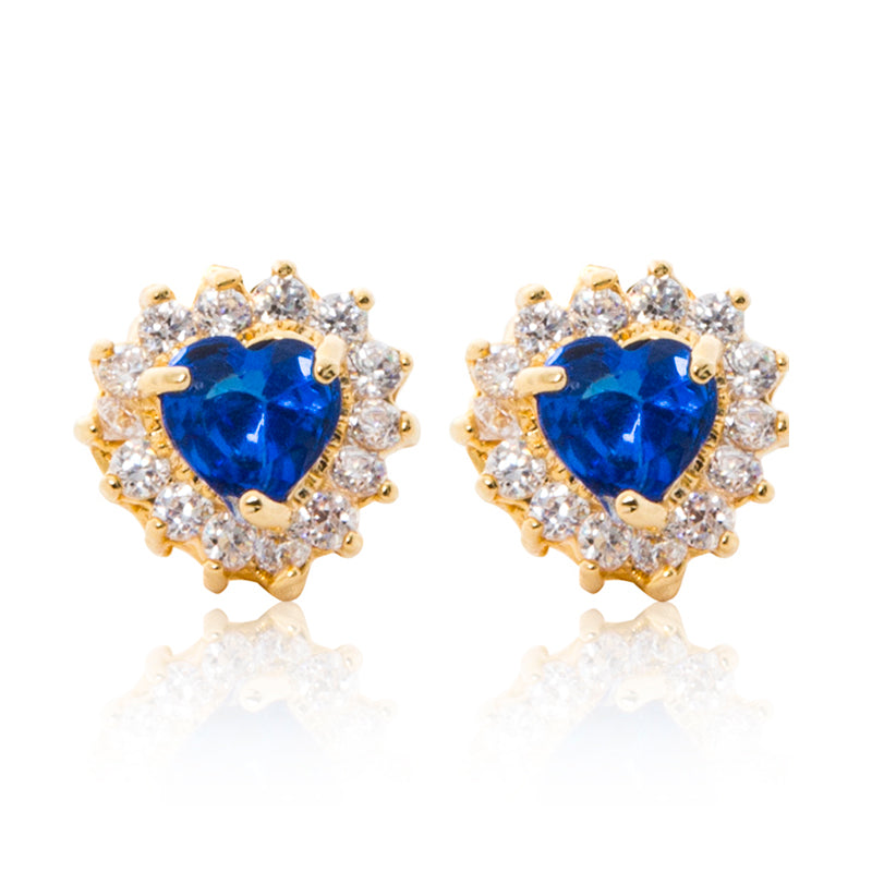 A beautiful tribute to the heart. Delicate 18ct yellow gold plated studs with clear cubic zirconia stones framing a subtle blue heart at the centre.
