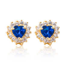 Load image into Gallery viewer, A beautiful tribute to the heart. Delicate 18ct yellow gold plated studs with clear cubic zirconia stones framing a subtle blue heart at the centre.
