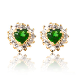 A beautiful tribute to the heart. Delicate 18ct yellow gold plated studs with clear cubic zirconia stones framing a subtle green heart at the centre. 