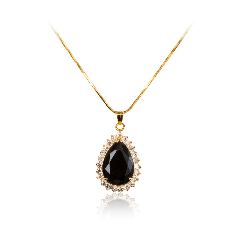 18ct Gold plated, black cubic zirconia pear cut centre stone with a clear cubic zirconia stone halo pendant and chain.