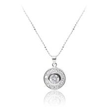 Load image into Gallery viewer, An elegant 925 sterling silver disc pendant with a cubic zirconia centre framed micro pave stones. Necklace

