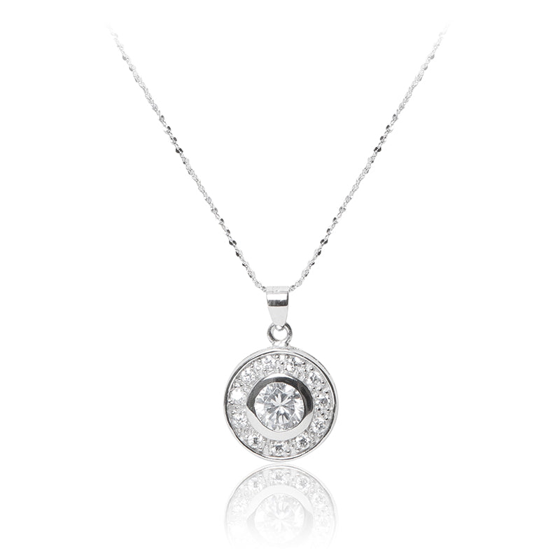 An elegant 925 sterling silver disc pendant with a cubic zirconia centre framed micro pave stones. Necklace