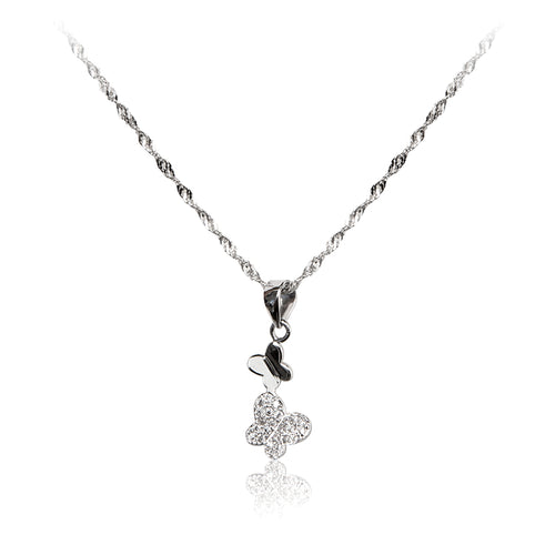A pair of dainty, playful butterflies in 925 sterling silver pendant with pavé set cubic zirconia and chain.