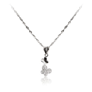 A pair of dainty, playful butterflies in 925 sterling silver pendant with pavé set cubic zirconia and chain.