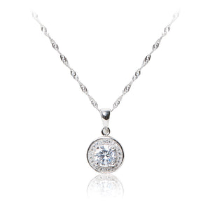 Round brilliant cut, pavé set halo 925 sterling silver pendant and chain.
