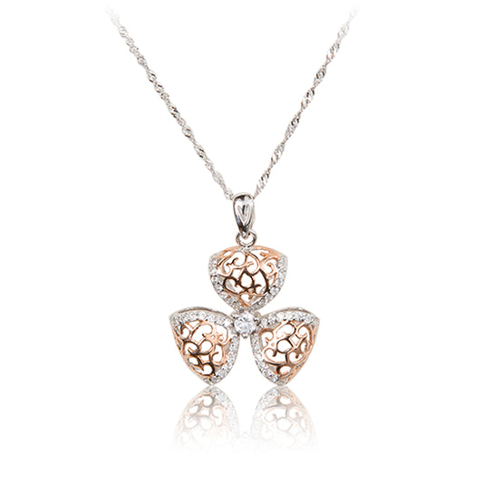 A three petal 925 sterling silver and rose gold plated filigree flower and chain.