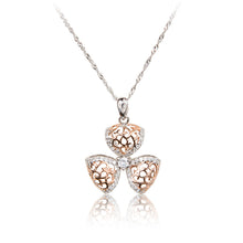 Load image into Gallery viewer, A three petal 925 sterling silver and rose gold plated filigree flower and chain.
