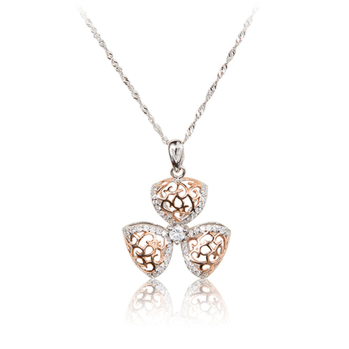 A three petal 925 sterling silver and rose gold plated filigree flower and chain.