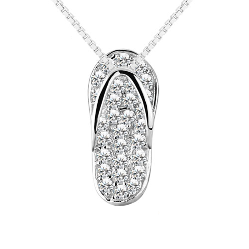 A 925 Sterling silver slipper flip flop pendant adorned with cubic zirconia stones and chain