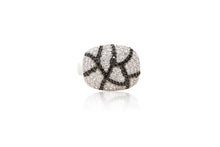 Load image into Gallery viewer, A 925 sterling silver contemporary cocktail ring, beautifully encrusted with a crackle effect of black and clear brilliant cubic zirconia stones.
