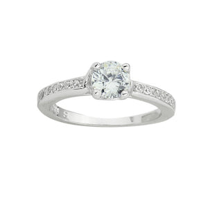 A dazzling 925 sterling silver round brilliant claw set CZ solitaire engagement ring style CZ half band ring.
