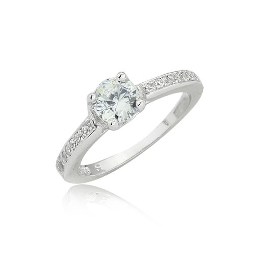 A dazzling 925 sterling silver round brilliant claw set CZ solitaire engagement ring style CZ half band ring.