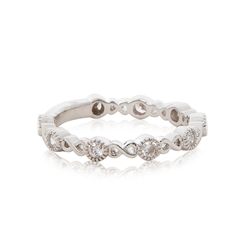 A timeless infinity platinum finished micro inlay full eternity ring.