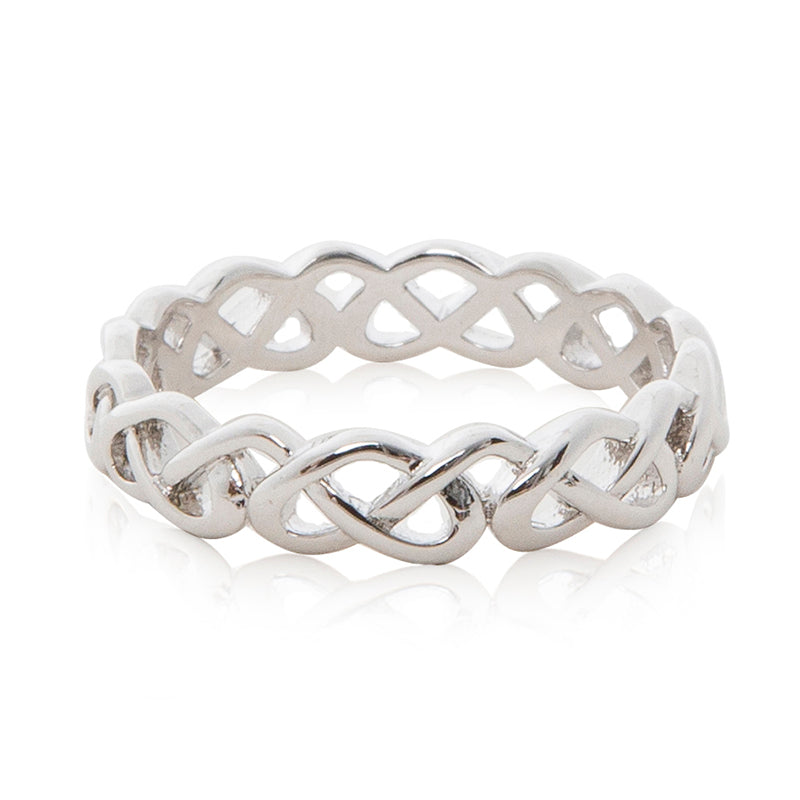 A simple yet elegant rhodium plated entwined looped ring.