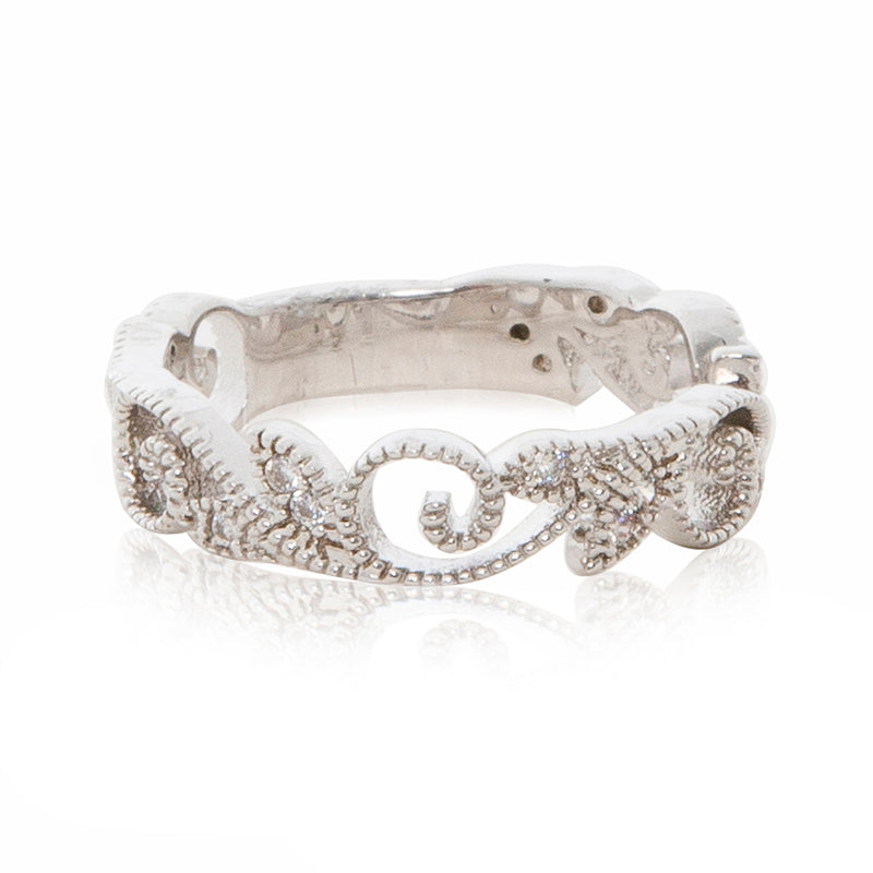 Rhodium plated filigree beaded ring band in silver colour