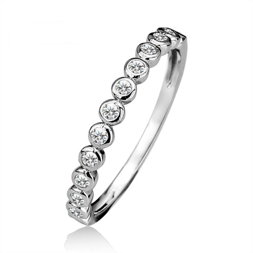 A stunning half eternity band with the detailing of rub over set round brilliant cubic zirconia stones.