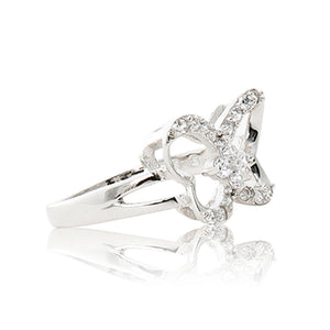 A beautiful 925 sterling silver butterfly ring encrusted in cubic zirconia stones. Side view (Butterfly and pole closure)
