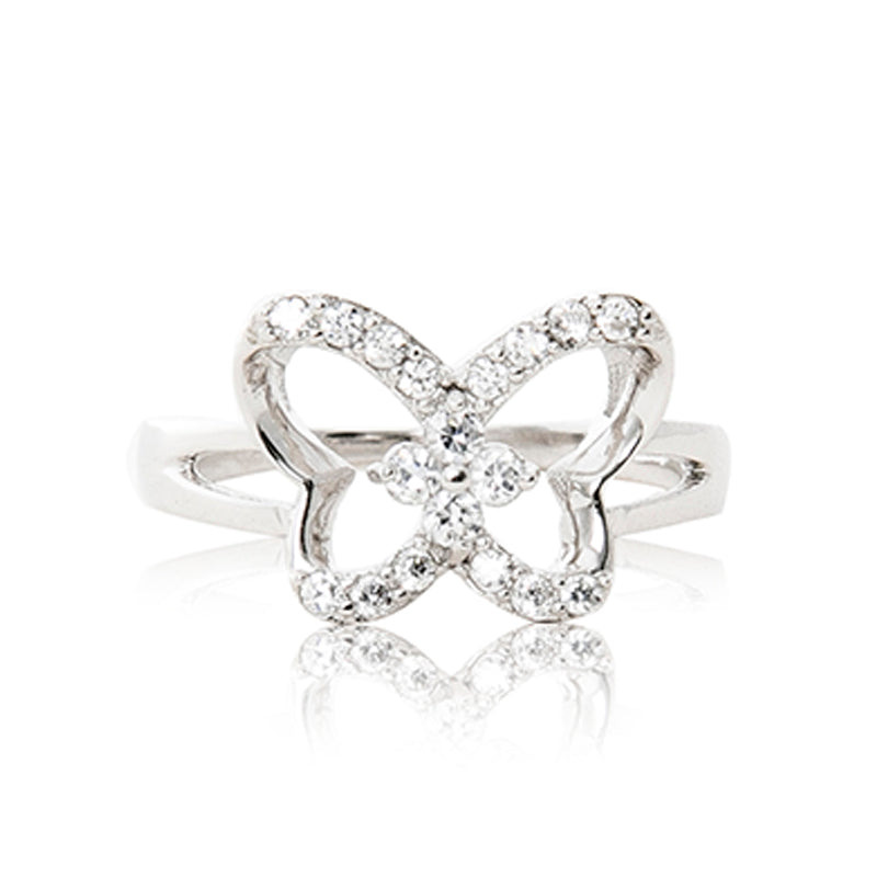 A beautiful 925 sterling silver butterfly ring encrusted in cubic zirconia stones.