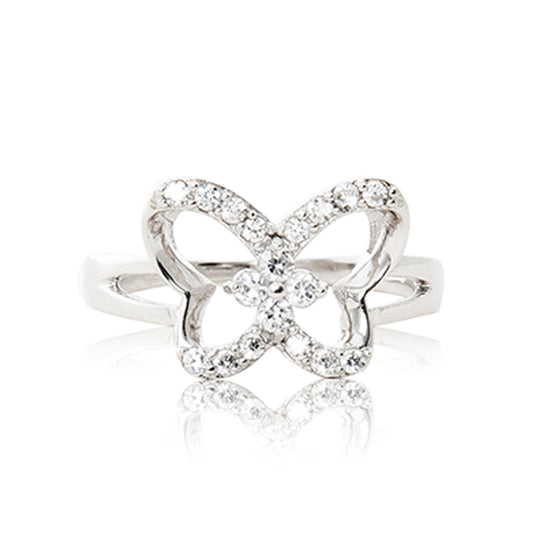 A beautiful 925 sterling silver butterfly ring encrusted in cubic zirconia stones.