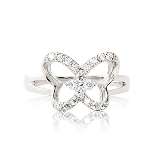 A beautiful 925 sterling silver butterfly ring encrusted in cubic zirconia stones.
