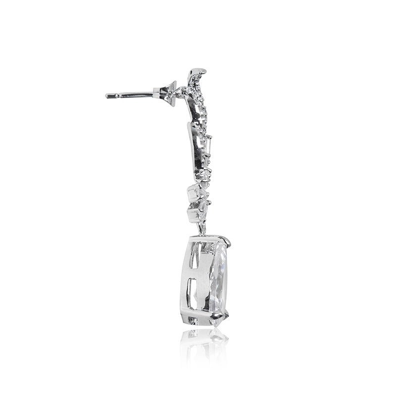 A beautiful statement platinum finished pear drop earrings and necklace set. For pierced ears. Ideal for a special occasion evening wear earrings side view (butterfly and pole closure)