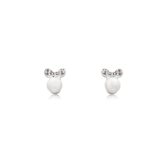An elegant pair of stud faux pearl earrings finished with rhodium plating and cubic zirconia encrusted bows.