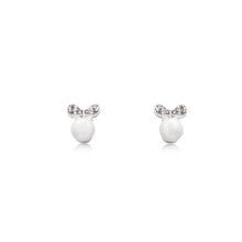 Load image into Gallery viewer, An elegant pair of stud faux pearl earrings finished with rhodium plating and cubic zirconia encrusted bows.
