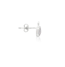 Load image into Gallery viewer, Platinum finished apple stud earrings with a round brilliant cubic zirconia centre. For pierced ears. Side view (Butterfly and pole closure)
