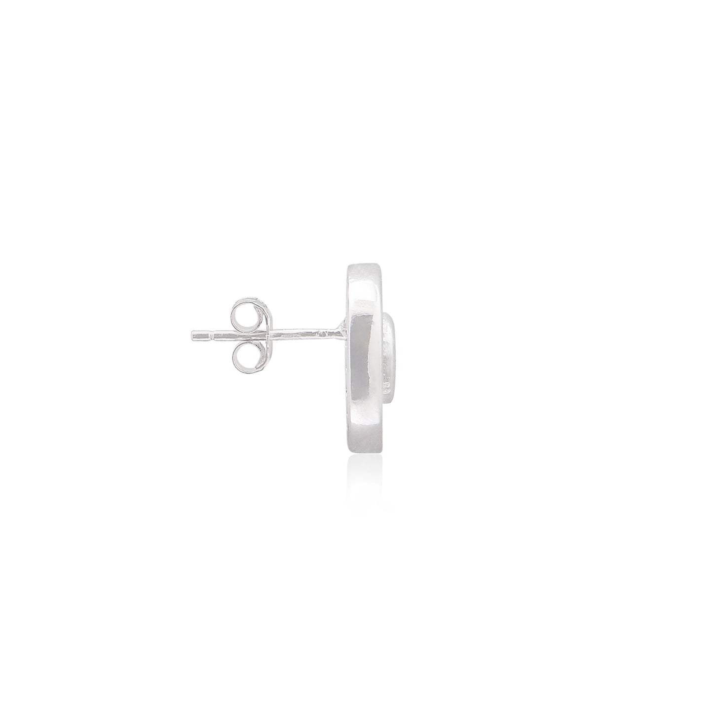Rhodium plated round baguette cut halo with a brilliant cut cubic zirconia centre stud earrings.  Side view (Butterfly and pole closure)